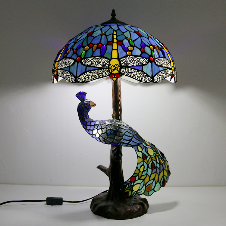 LongHuiJing 16Inch Blue Stained Glass Lampshade Desk Lamp Tiffany Style Table Lamps With Glass Peacock and Tree Base