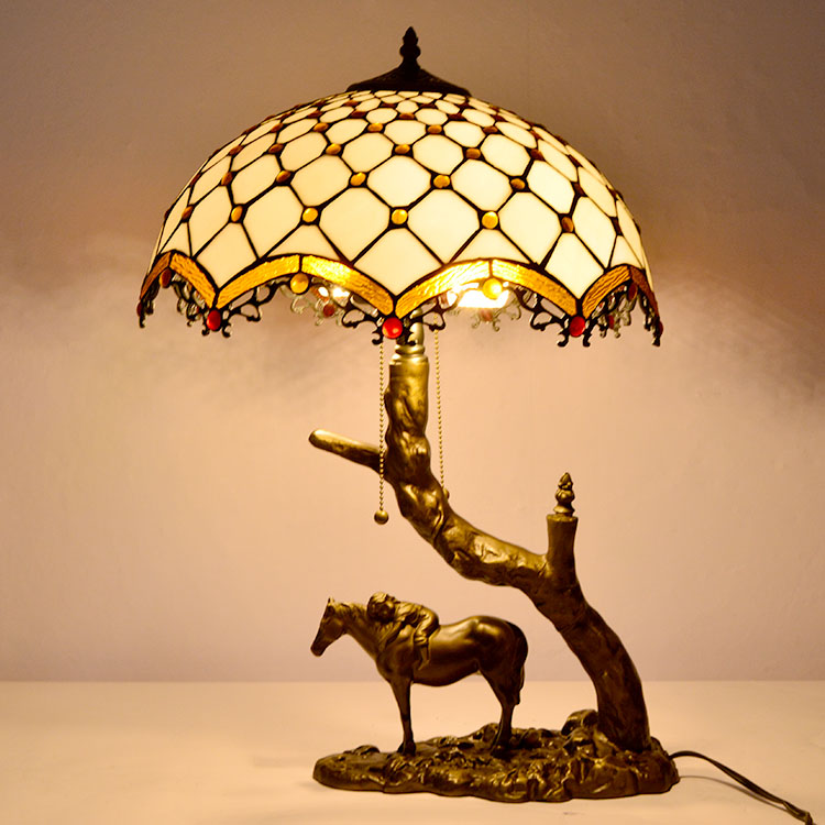 LongHuiJing White Beads Stained Glass Table Lamp Tiffany Style Desk Light With 16Inch Lampshade With Horse Resin Base