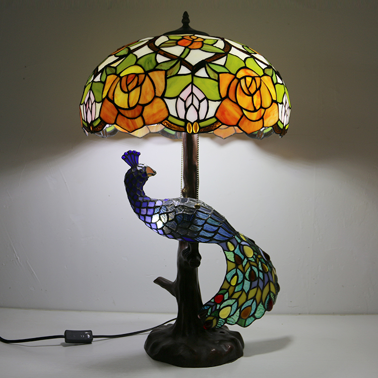 LongHuiJing 16Inch Rose Stained Glass Lampshade Desk Lamp Tiffany Style Table Lamps With Glass Peacock and Tree Base