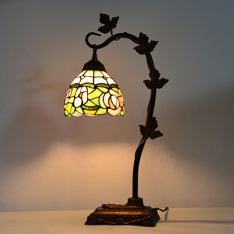 LongHuiJing Home Decor Tiffany Table Lamp Pink Rose Stained Glass Lampshade Desk Light Morning Glory Vine Metal Base