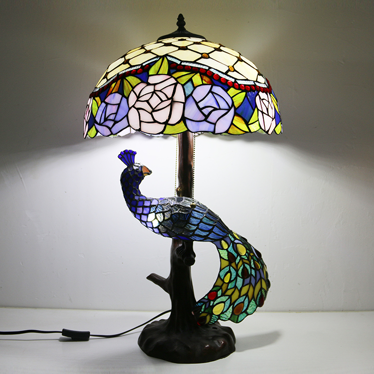 LongHuiJing Tiffany Style Table Lamp With Peacock Base 16Inch Antique Florist Stained Glass Lampshade Table Lighting