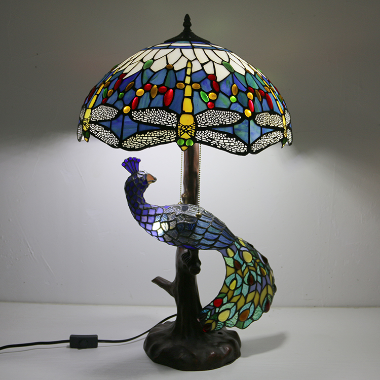 LongHuiJing Tiffany Style Table Lamp With Peacock Base 16Inch Antique Dragonfly Stained Glass Lampshade Table Lighting