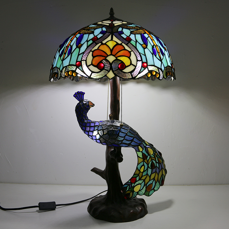 LongHuiJing 16Inch Unique Stained Glass Lampshade Desk Lamp Tiffany Style Table Lamps With Glass Peacock and Tree Base