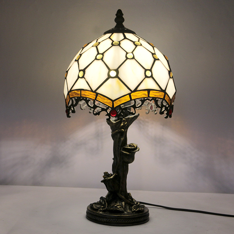 LongHuiJin Vintage Tiffany Style Table Lamps Beads Stained Glass Lampshade Desk Lights with Resin Rose Base