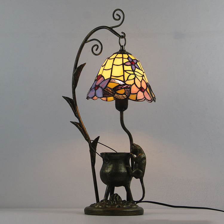 LongHuiJing Tiffany Style Floral Stained Glass Lampshade Table Lamp Resin Cast Mouse Iron Tank Frame Art Desk Light