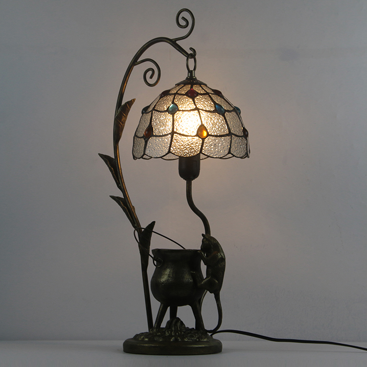LongHuiJing Tiffany Style Color Beads Stained Glass Lampshade Table Lamp Resin Cast Mouse Iron Tank Frame Art Desk Light