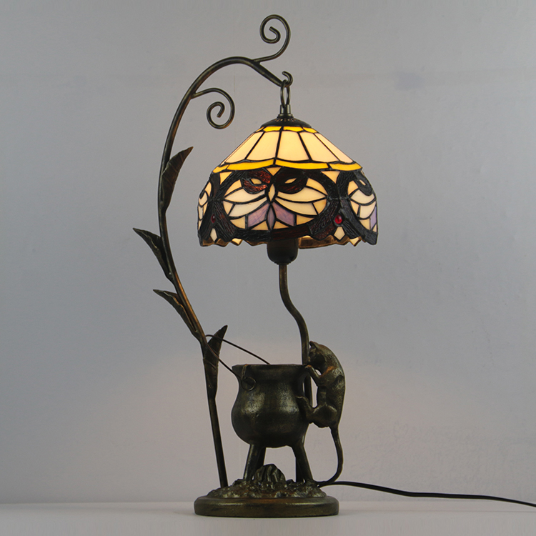 LongHuiJing Baroque Tiffany Style Stained Glass Lampshade Table Lamp Resin Cast Mouse Iron Tank Frame Art Desk Light