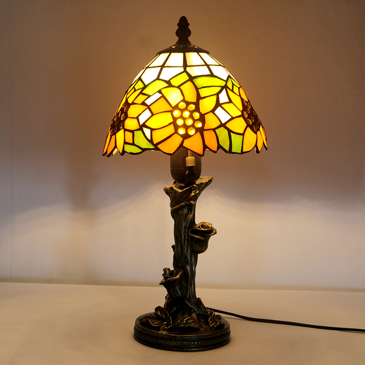 LongHuiJin Vintage Tiffany Style Table Lamps Sunflower Stained Glass Lampshade Desk Lights with Resin Rose Base
