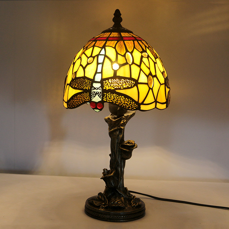 LongHuiJin Vintage Tiffany Style Table Lamps Dragonfly Stained Glass Lampshade Desk Lights with Resin Rose Base