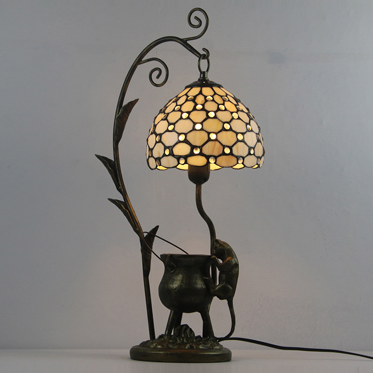 LongHuiJing Tiffany Style White Beads Stained Glass Lampshade Table Lamp Resin Cast Mouse Iron Tank Frame Art Desk Light