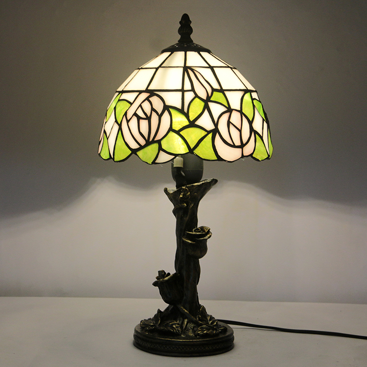 LongHuiJin Vintage Tiffany Style Table Lamps Rose Stained Glass Lampshade Desk Lights with Resin Rose Base