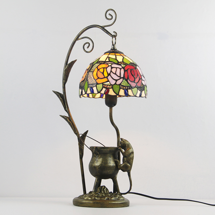 LongHuiJing Rose Tiffany Style Stained Glass Lampshade Table Lamp Resin Cast Mouse Iron Tank Frame Art Desk Light