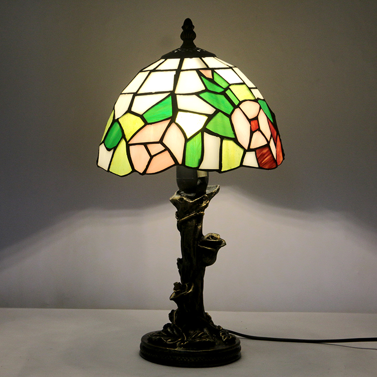 LongHuiJin Vintage Tiffany Style Table Lamps Pink Rose Stained Glass Lampshade Desk Lights with Resin Rose Base