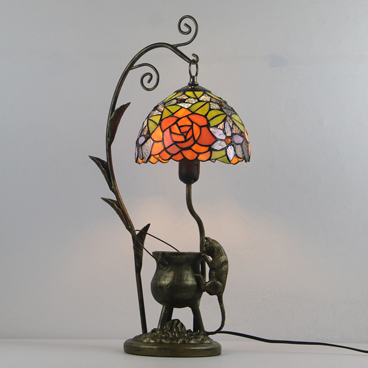 LongHuiJing Tiffany Style Rose Leaves Stained Glass Lampshade Table Lamp Resin Cast Mouse Iron Tank Frame Art Desk Light