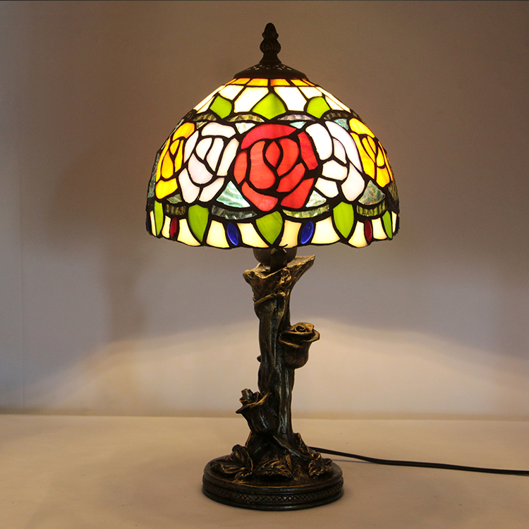 LongHuiJin Vintage Tiffany Style Table Lamps Floral Stained Glass Lampshade Desk Lights with Resin Rose Base