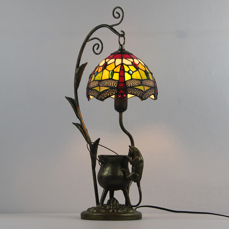 LongHuiJing Tiffany Style Red Dragonfly Stained Glass Lampshade Table Lamp Resin Cast Mouse Iron Tank Frame Desk Light