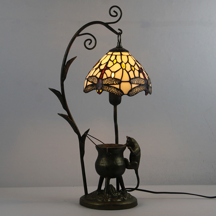 LongHuiJing Tiffany Style Dragonfly Stained Glass Lampshade Table Lamp Resin Cast Mouse Iron Tank Frame Art Desk Light