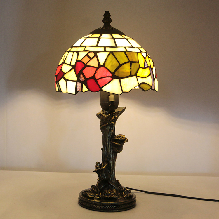 LongHuiJin Vintage Tiffany Style Table Lamps Stained Glass Lampshade Desk Lights with Resin Rose Base