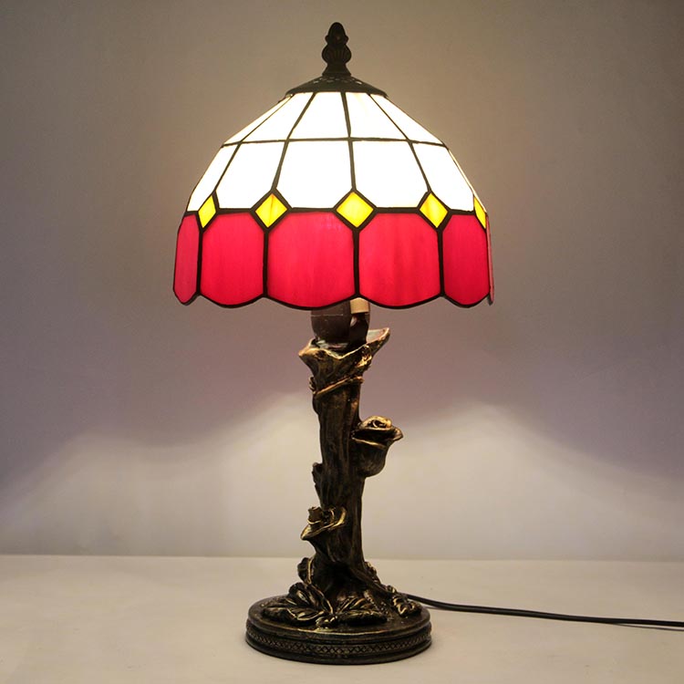 LongHuiJing Mediterranean Tiffany Style Glass Table Lamp Handmade Unique Desk Light With Rose Resin Base