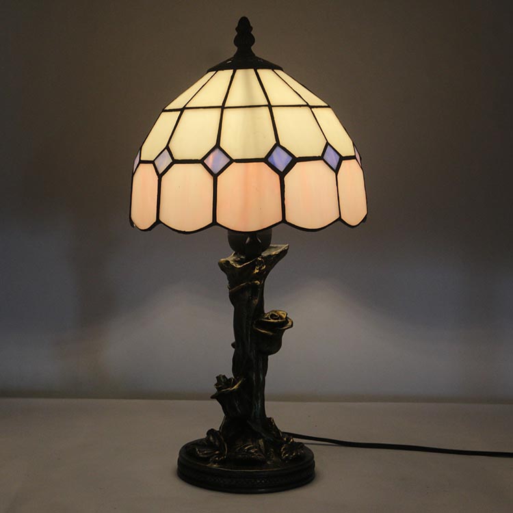 LongHuiJin Mediterranean Tiffany Style Stained Glass Lampshade Desk Lights with Resin Rose Base