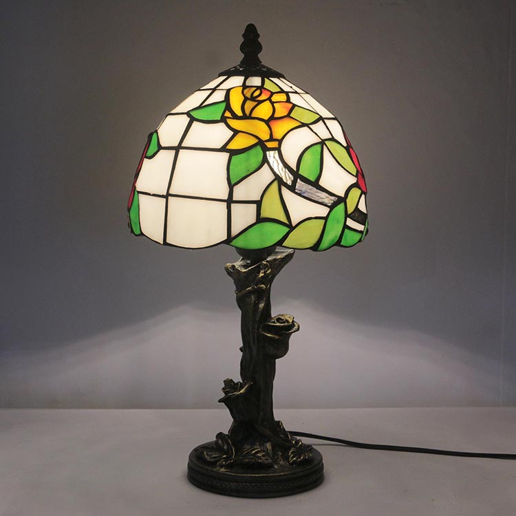 LongHuiJin European Tiffany Style Table Lamps Floral Stained Glass Lampshade Desk Lights with Resin Rose Base