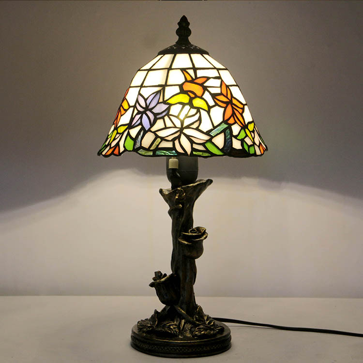LongHuiJin Handcrafted Tiffany Style Table Lamps Floral Stained Glass Lampshade Desk Lights with Resin Rose Base
