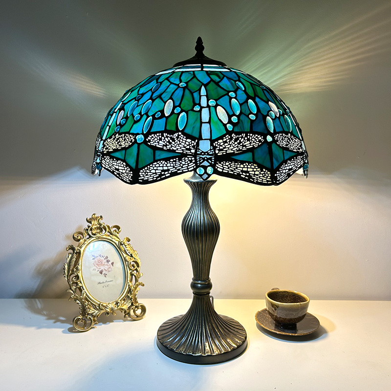 LongHuiJing 16Inch Tiffany Style Table Lamp Blue Stained Glass Dragonfly 