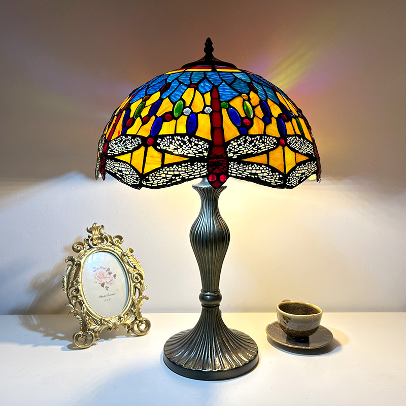LongHuiJing 16 Inch 12" table lamp tiffany stained glass shade dragonfly bead vintage bedside lights