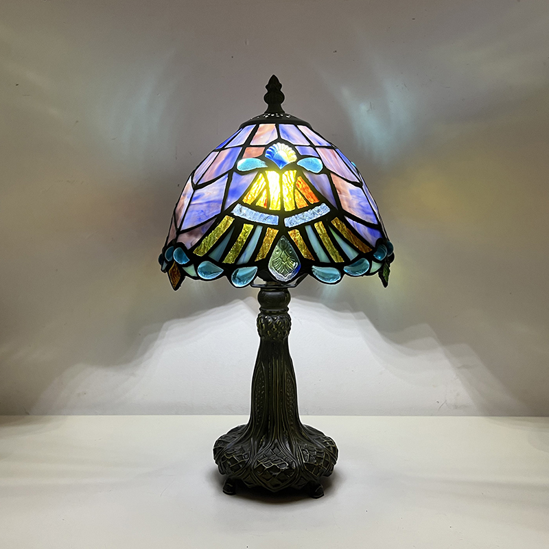 LongHuiJing Tiffany Table Lamps for Lounge 8 Inch Blue Baroque Style Stained Glass Table Lamps