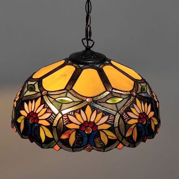 LongHuiJing 16Inch Tiffany Style Stained Glass Hanging Lamp Sunflower Floral Stained Glass Ceiling Light