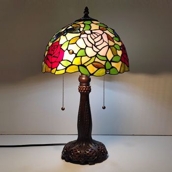 LongHuiJing Tiffany Stained Glass Style Desk Light Rose Flower Lampshade Table Reading Night Light W12H22Inch