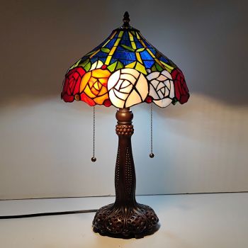 LongHuiJing Tiffany Stained Glass Style Desk Light Red Flower Shade Table Reading Night Light W12H22Inch