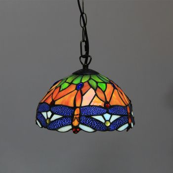 LongHuiJing 10Inch Tiffany Style Pendant Lamp Vintage Pastoral Stained Glass Dragonfly Shade E27 Ceiling Hanging Lights