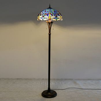 LongHuiJing Dragonfly Tiffany Style Stained Glass Floor Lamp with 16-inch Wide Handmade Lampshade Metal Base