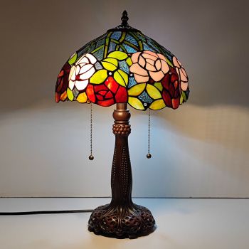 LongHuiJing Tiffany Stained Glass Style Desk Light Rose Lmapshade Table Reading Night Light W12H22Inch