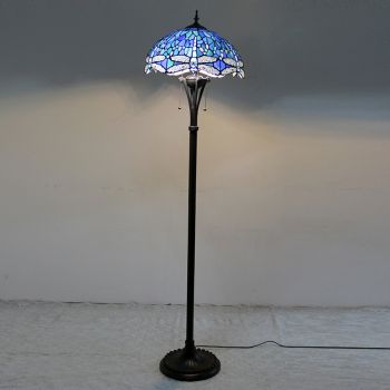LongHuiJing Light Blue Dragonfly Tiffany Style Stained Glass Floor Lamp with 16-inch Wide Handmade Lampshade Metal Base