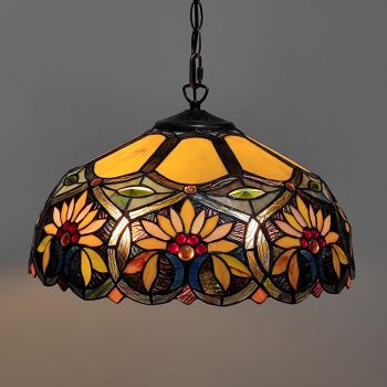 LongHuiJing 16Inch Tiffany Style Stained Glass Hanging Lamp Sunflower Floral Stained Glass Ceiling Light