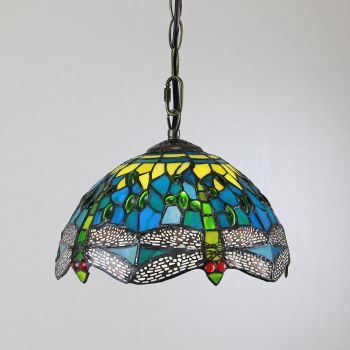 LongHuiJing 10Inch Tiffany Style Pendant Lamp Vintage Stained Glass Dragonfly Shade E27 Ceiling Hanging Lights