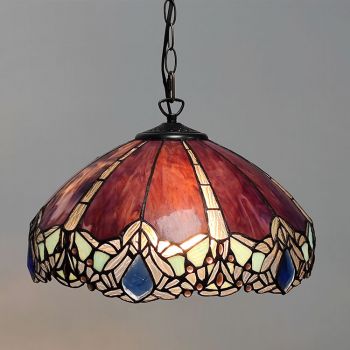 LongHuiJing 16Inch Tiffany Style Stained Glass Hanging Lamp Purple Dragonfly Stained Glass Ceiling Light