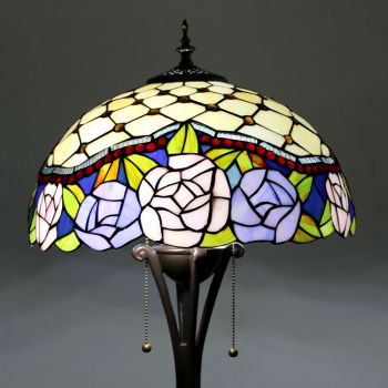 LongHuiJing Tiffany Style Stained Glass Floor Lamp with 16-inch Wide Handmade Pink Floral Lampshade Metal Base