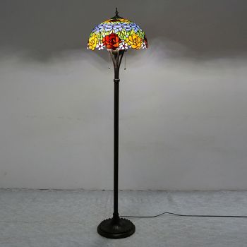 LongHuiJing Red Yellow Flower Tiffany Style Stained Glass Floor Lamp with 16-inch Wide Handmade Lampshade Metal Base