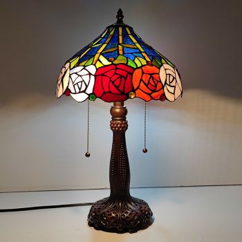 LongHuiJing Tiffany Stained Glass Style Desk Light Red Flower Shade Table Reading Night Light W12H22Inch