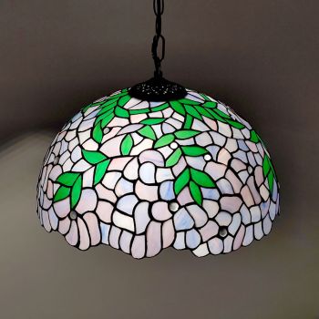 LongHuiJing 16Inch Tiffany Style Stained Glass Hanging Lamp Vintage Purple Wisteria Stained Glass Ceiling Light