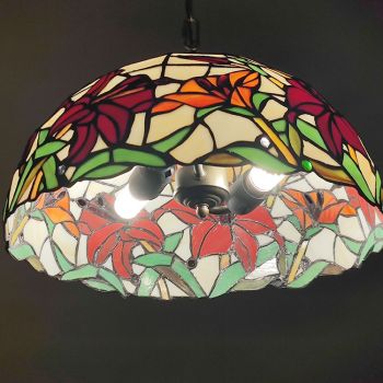 LongHuiJing 16Inch Red Floral Tiffany Style Stained Glass Hanging Lamp Butterfly Rose Stained Glass Ceiling Light