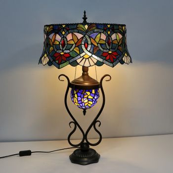 LongHuiJing Tiffany Style lamp 18-inchantique flower stained glass lamp shade lamp with glass luminous base