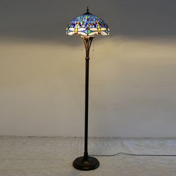 LongHuiJing Dragonfly Tiffany Style Stained Glass Floor Lamp with 16-inch Wide Handmade Lampshade Metal Base