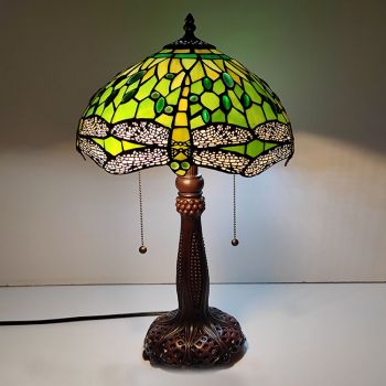 LongHuiJing Tiffany Stained Glass Style Desk Light Dragonfly Green Color Shade Table Reading Night Light W12H22Inch