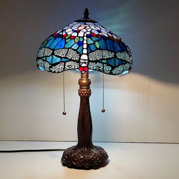LongHuiJing Tiffany Lamps W12H22 Inch Dragonfly Stained Glass Lampshade Desk Light Antique Table Lamp