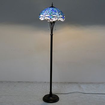 LongHuiJing Light Blue Dragonfly Tiffany Style Stained Glass Floor Lamp with 16-inch Wide Handmade Lampshade Metal Base