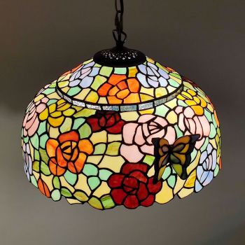 LongHuiJing 16Inch Tiffany Style Stained Glass Hanging Lamp Butterfly Rose Stained Glass Ceiling Light